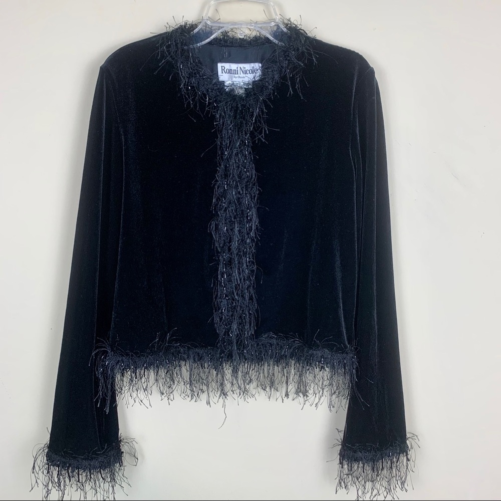 Ronni Nicole | VTG Velvet Black Fringe Jacket S
